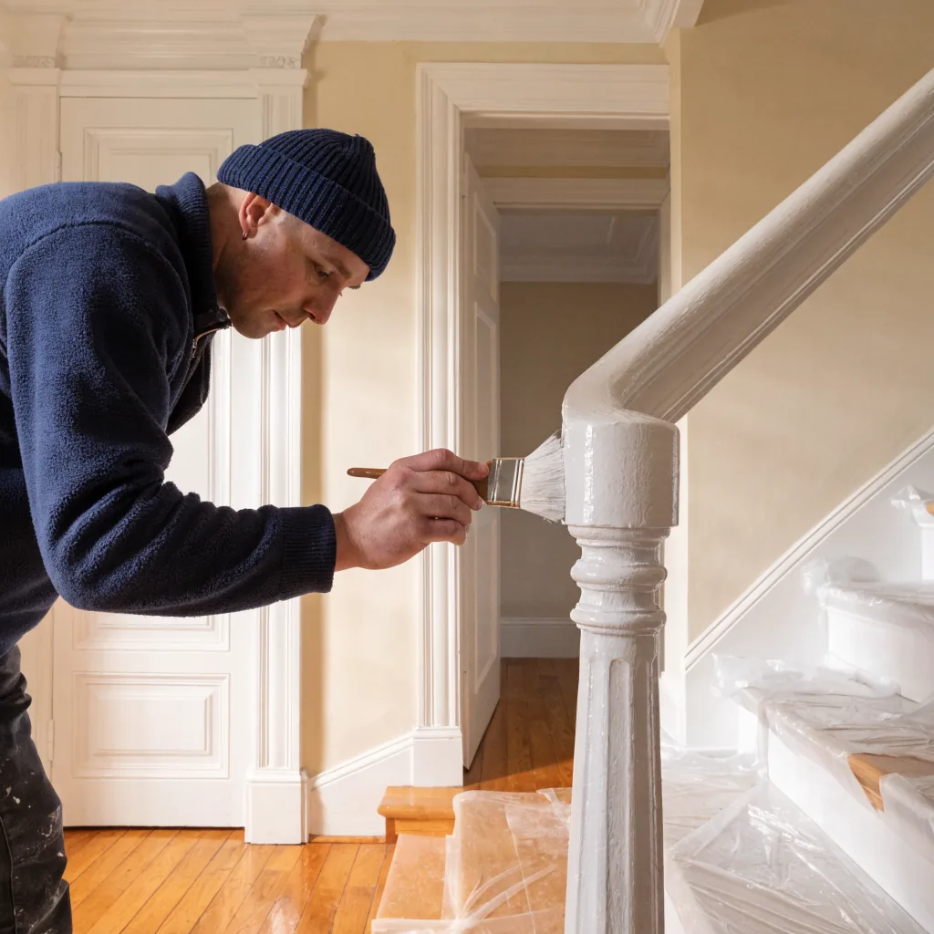A decorator glossing staircase woodwork in a Wednesbury hallway